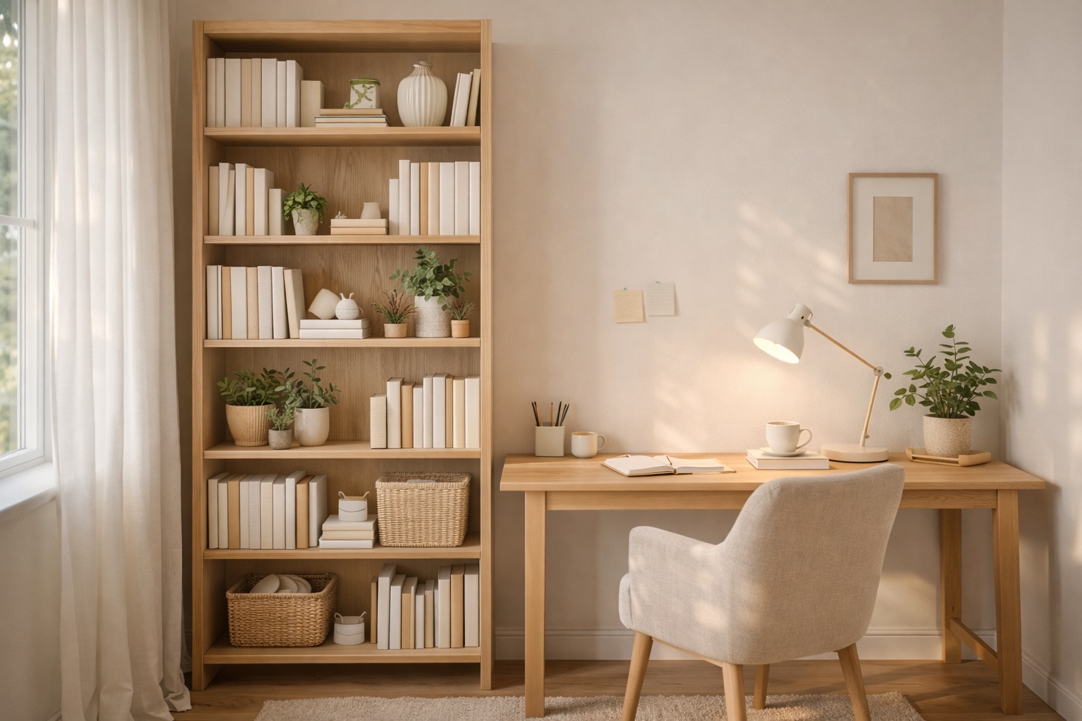 A stylish home office with a tall bookshelf filled with books, plants, and decorative objects