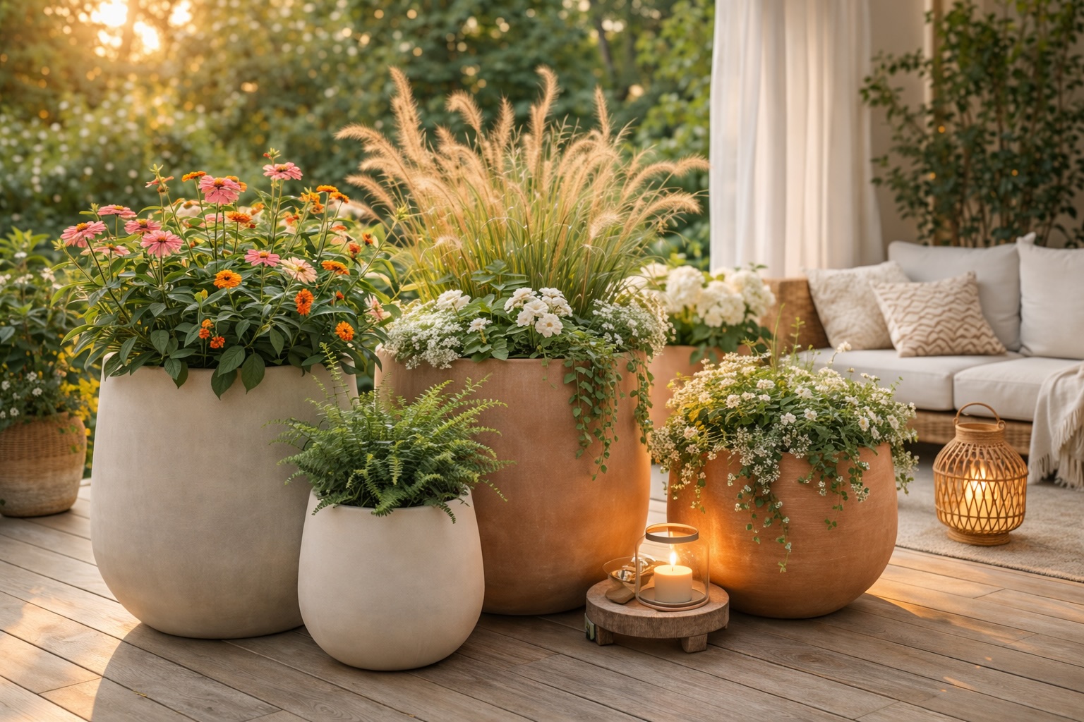 A styled patio with large outdoor planters filled with greenery and flowers