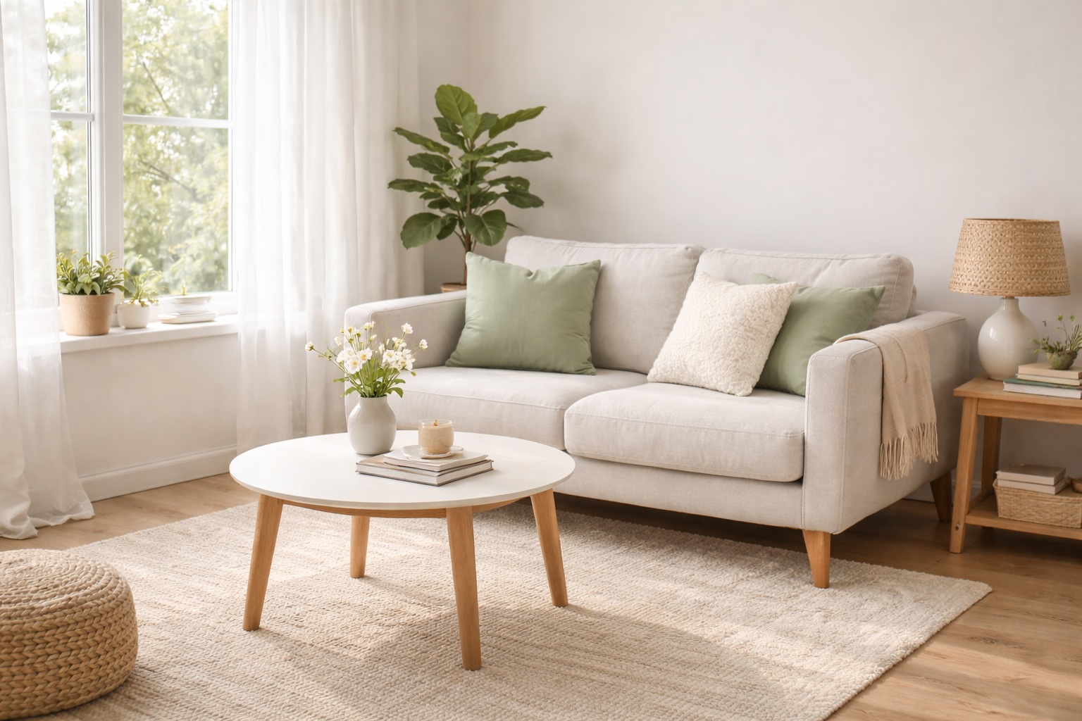 A compact loveseat sofa in a well-styled small living room with light walls and natural light