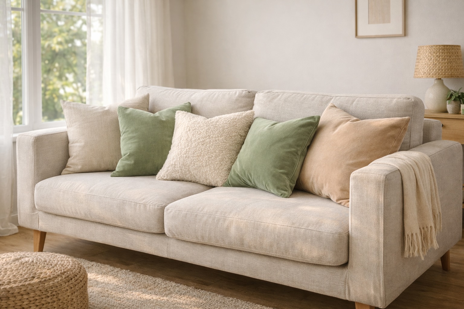 A styled couch with a mix of throw pillows in neutral tones and textures