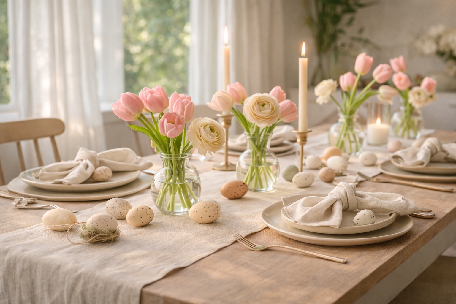 An elegant Easter table setting with pastel flowers, linen napkins, and natural egg decorations