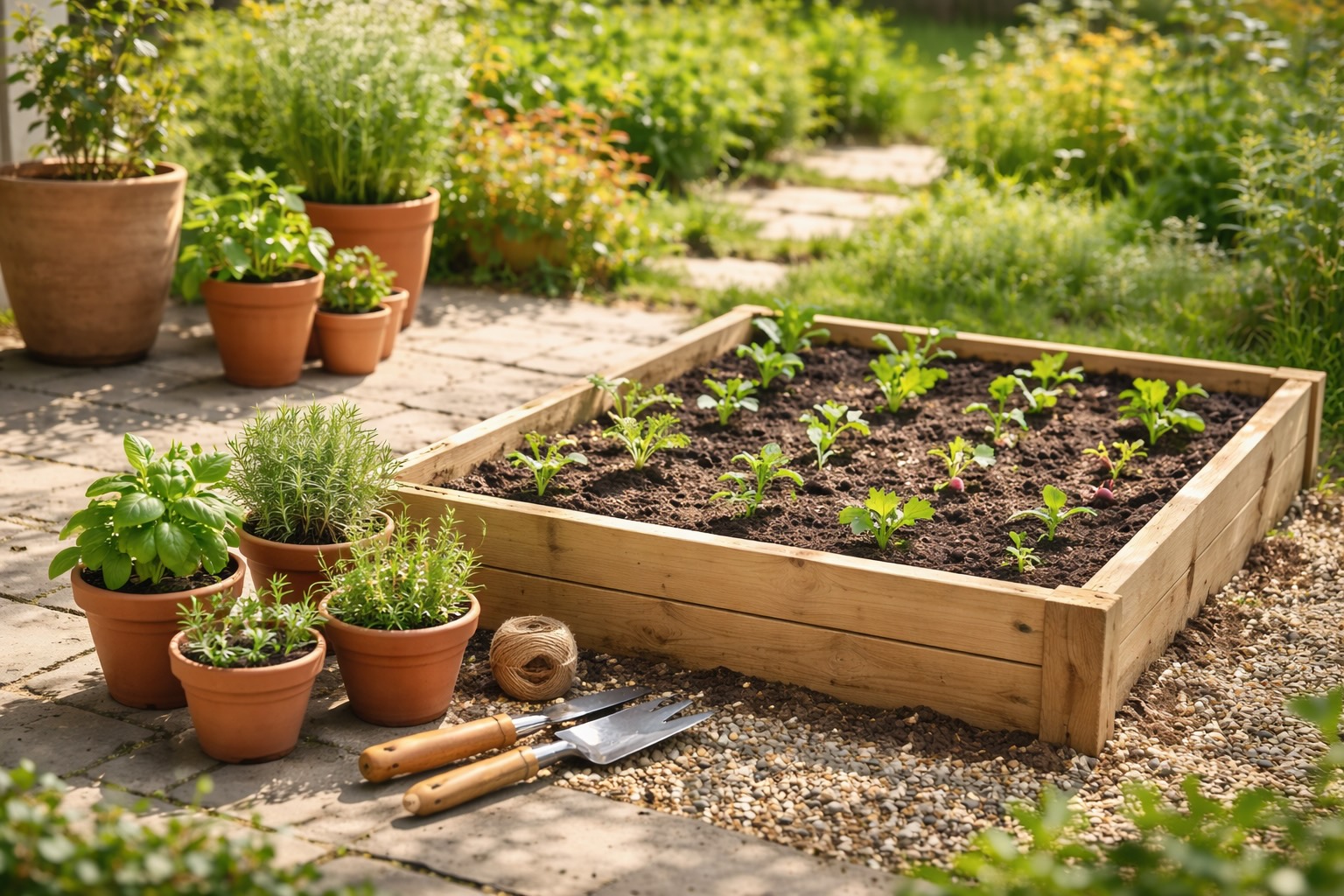 A beginner's spring garden with raised beds, colorful flowers, and potted herbs on a sunny patio